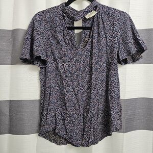 Maeve Gray Asymmetrical Pleated Short Sleeve Blouse